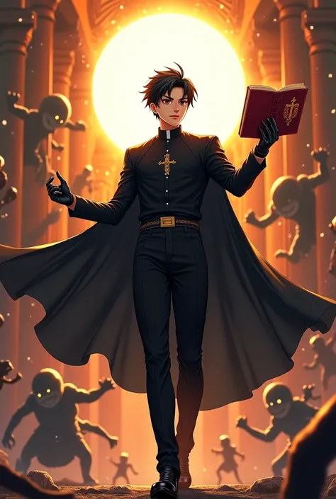 High quality, historic, epic, dynamic perspective, holy circle light behind head, slim muscular asian anime male character, black hair, brown eyes, realistic anime, full body, black clergy shirt, black cloak, black pants, shiny black shoes, action pose wit...