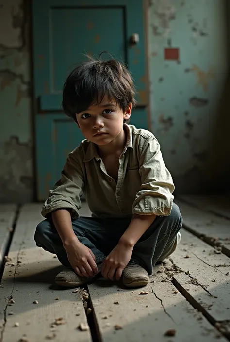 A disheveled boy in a dilapidated floor