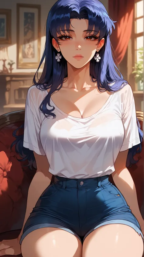 Misato Katsuragi style,  perfect eyes,  perfectly sexy face , ultra detailed,  ultra perfect eyes,  big beautiful woman , sitting, dark blue shorts, Body,  looking at the viewer,