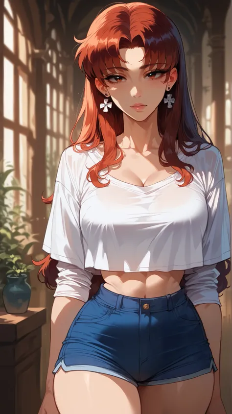 Misato Katsuragi style,  perfect eyes,  perfectly sexy face , ultra detailed,  ultra perfect eyes,  big beautiful woman , standing, dark blue shorts, Body,  looking at the viewer,