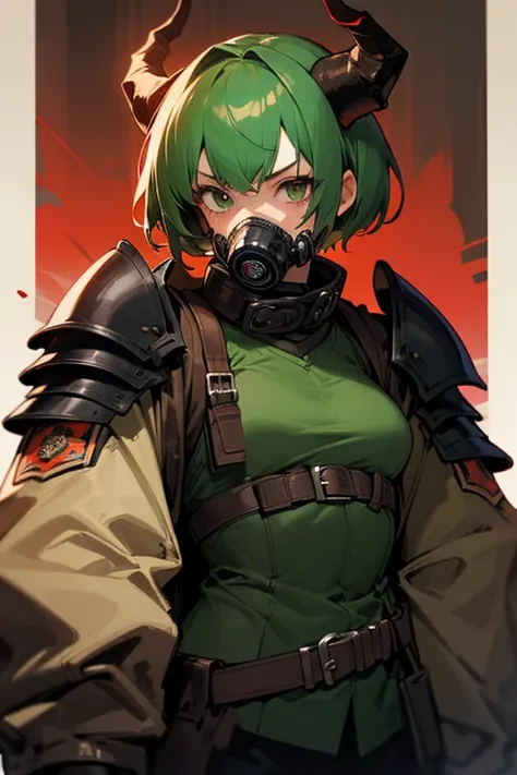  Girl with short green hair,  sturdy half-fat and muscular build ,  black tactical armor , brown bomber jacket ,  multiple red scars on her face ,  a gas mask with horns hangs over her shoulder, leather straps around your torso, patches on her jacket  