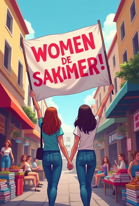  Create a cartoon-style illustration inspired by International Women's Day  (8m),  with a consumerist but also vindictive atmosphere .  In the center of the image ,  place one or two central characters , like two young women with a giant protest banner , i...