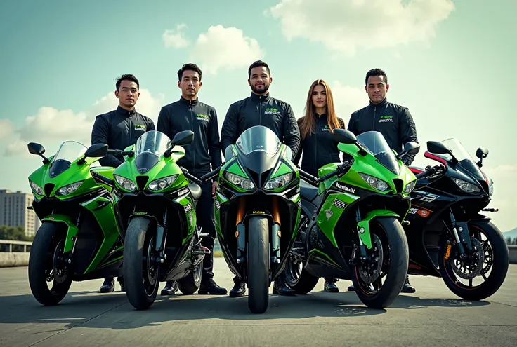 Please make a photo of five people and five Kawasaki Ninja H2 motorbikes men's 