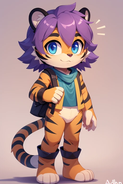 Froy boy, an adhaan, a cute tiger, purple hair, detailed body, short, beautiful wallpaper 