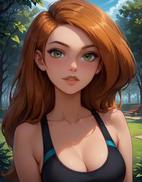 score_9, score_8_up, score_7_up, 1girl, solo, beautiful waifu, sexy (Kim Possible, green eyes, perfecteyes:1.3), (thicc:1.2), wearing (black sports bra:1.1), naturally curved, flirt, seductive smirk, park, sexy poses, model shoot, beautiful eyes, detailed ...