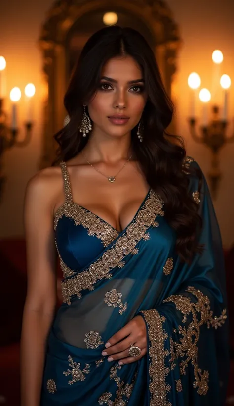 a hot brown haired voloptous indian milf woth model face in a glittering intricate embroidery crystal sapphire  blue printed saree, ((Hot Saree)), big beautiful huge 36DDD breast, curvy body, perfect body shape, Backless, sexy cleavage, ((Detailed Skin)), ...