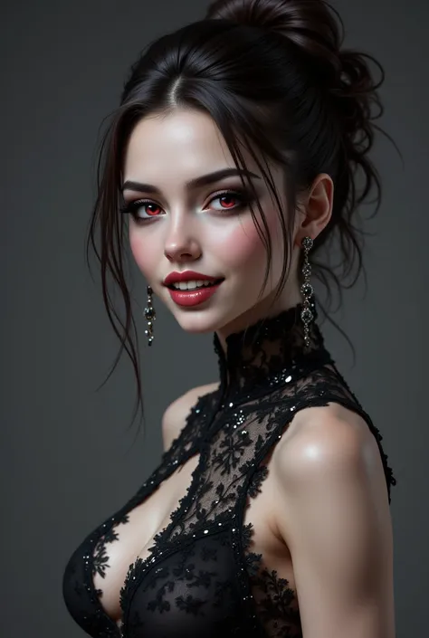 This image is a highly detailed CGI (computer-generated imagery) rendering depicting a young woman with a strikingly dark and gothic aesthetic. She has a pale complexion with smooth skin, and her dark brown hair is styled in a messy, updo with a few strand...