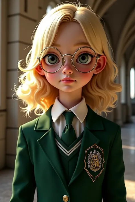 A blonde-Venetian schoolgirl with glasses wearing a Slytherin uniform