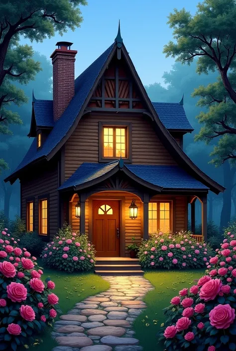 The quality of the painting is beautiful to the eye 0.9k0.4k The Three-story house is made of wood carved ,The house in the orchard is very relaxing and peaceful.In the house, In front of the house flower garden Blood red roses, pink roses, purple roses, b...