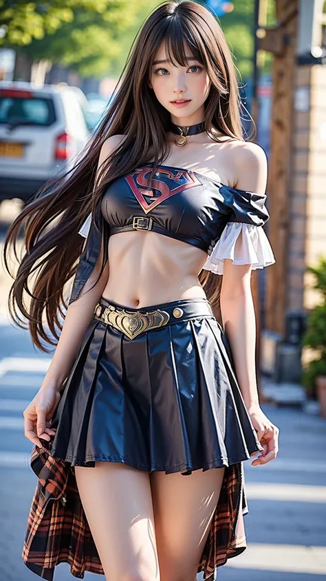   1 girl，big tit female body set ，  Supergirl Costume Dress，skirt、ミニskirt、Cutting clothes，close，  Off Shoulder Outfit，Charming，  perfect body，street，belly button，Abdominal vest line，Brown Hair、Long Hair、Long Hair、  Sexy Poses