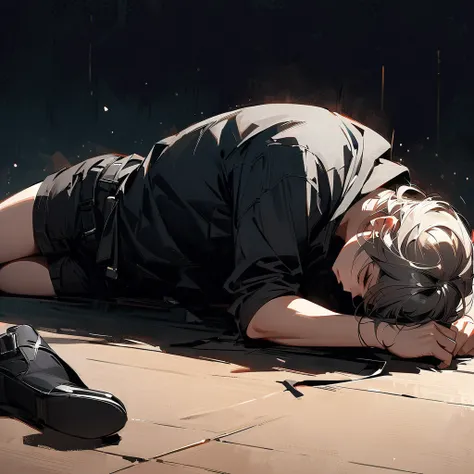 (masterpiece,  best quality:1.2),  alone,  casual wear,  full body,  dark background, A man wraps his head,  lying on the floor 