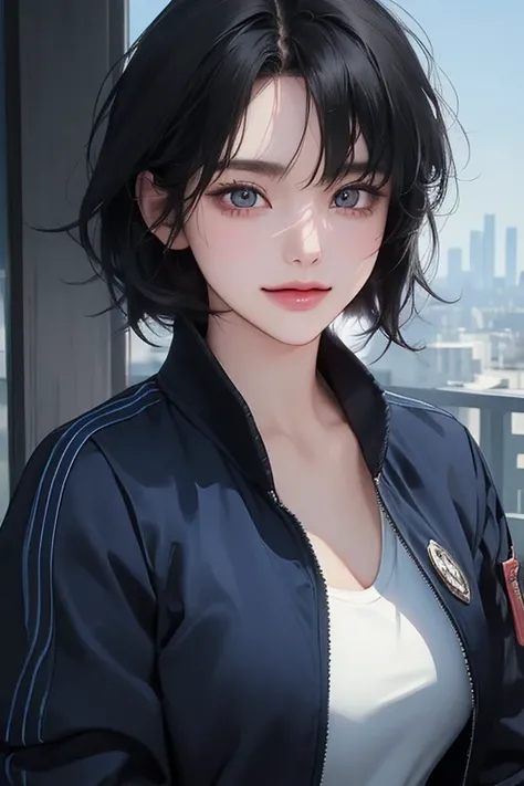 ((1 person view)), (best quality, ((masterpiece)), beautiful detailed Eyes, 8K resolution, cinematic lighting,detailed clothes,Semi-realistic),smile,1 woman,((25-year-old)),((bunt bangs)), (black hair, medium hair), ((blue simple track jacket))