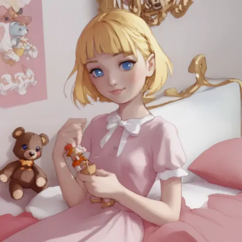 a very young ,cute cheeks Long dress in pink pajamas   、  Full image of a girl holding a teddy bear  ,   blue eyes、 Light pink room in the background  、 short hair, mystery,bow hair,  whole body,bed in the background 、 Blue eyes and  short hair ,quarto fem...