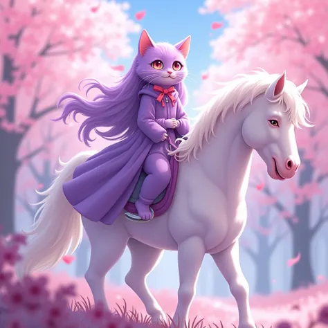 Anime style. Un chat couleur galaxie violet.  Les yeux en rose. There are Sakura flowers .elle est sur un magnifique cheval blanc  Proche du spectateur. Le chat a les poils long. Il a un rond sur le front. 