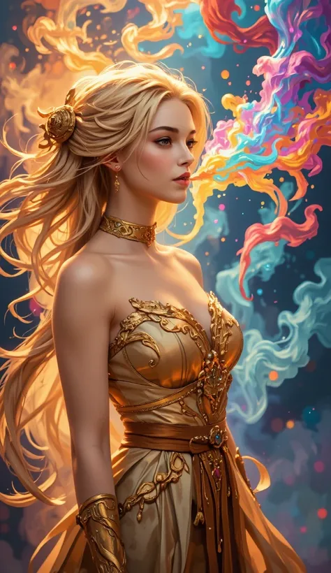 Create an illustration of a woman with golden hair and golden dress , Blowing colored smoke out of the mouth, inspired by the character Siri from the book Warbreaker,  that represents the magic of the literary universe known as Biochromatic