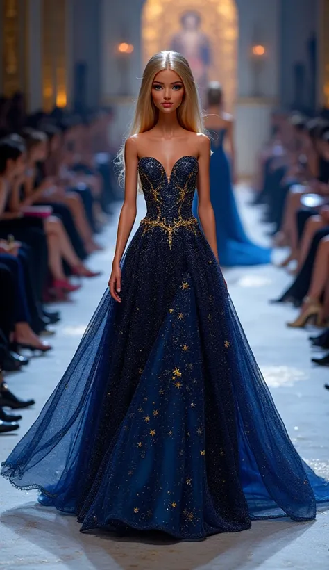  Barbie parading on a stunning fashion runway with a navy blue dress with golden tones on a fashion runway,  wearing a dress made of stars ,  an intricate dress , Meet Gala ,  Emma Watson wearing a chic dress ,  inspired by Slava Raškaj , intricate dress ,...