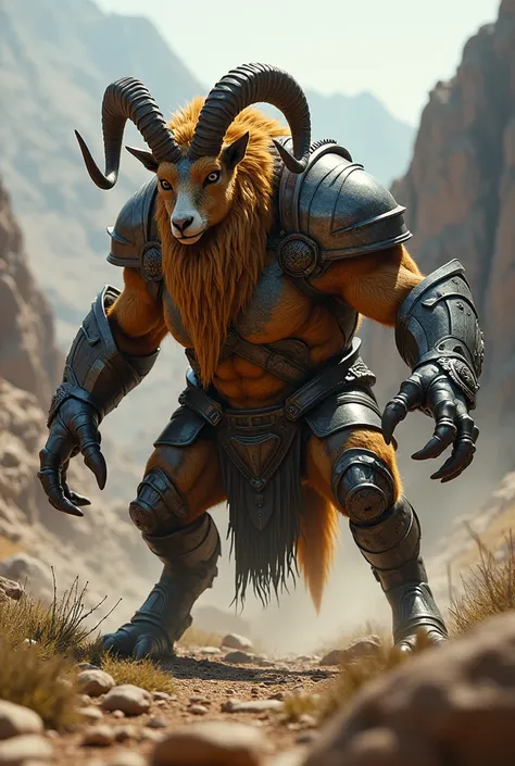 A big, Capra nubiana creature with bronze-colored fur and shiny metallic armor stands upright with widened eyes,  ready to attack . 