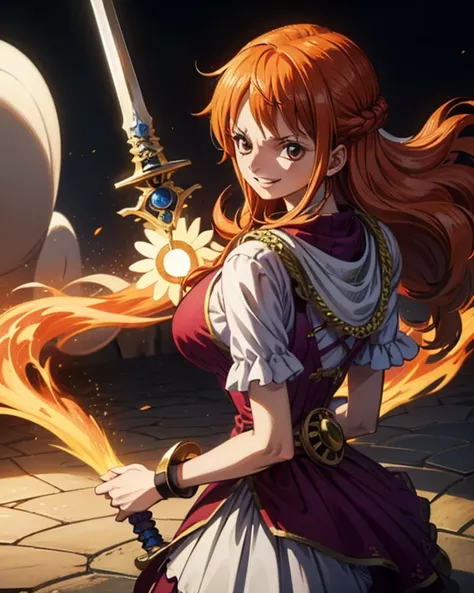 (最高masterpiece,  top quality, 4K, 8k,  high resolution,masterpiece:1.2), Nami in One Piece,smile,Mysterious Knight,Miracle,Power Spot,Fantastic world tree,Green Sun,Holy Sword,Holy Swordの斬撃,She's on an adventure to defeat the demon king,Mysterious Knightで剣...