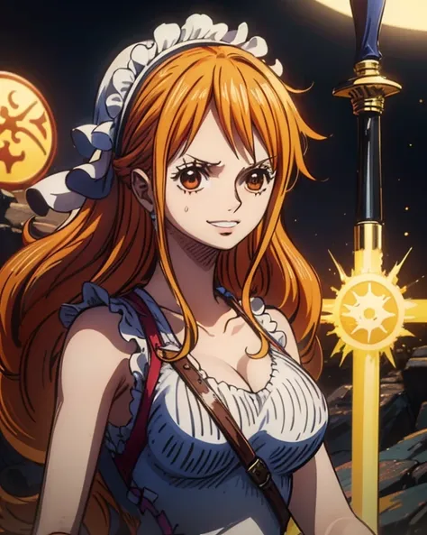 (最高masterpiece,  top quality, 4K, 8k,  high resolution,masterpiece:1.2), Nami in One Piece,smile,Mysterious Knight,Miracle,Power Spot,Fantastic world tree,Green Sun,Holy Sword,Holy Swordの斬撃,She's on an adventure to defeat the demon king,Mysterious Knightで剣...