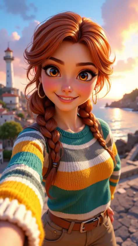 8k, Masterpiece, Top Quality, 3D animated character, Beautiful Women, Pixar style, high detail, vibrant colors, cheerful expression,  fair-skinned, auburn, braided, hair, striped, sweater, teal, yellow, orange, white, brown, pants, smiling, selfie, camera,...