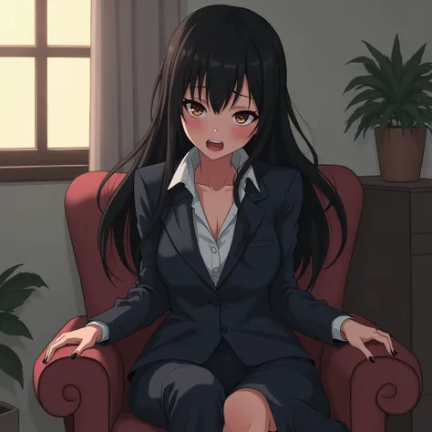 anime girl, cute, gentle, sexy, long hair, black hair, wearing a business suit, angry face, barefoot, foot job, house background, sit on a chair, soft lighting, detailed, illustration