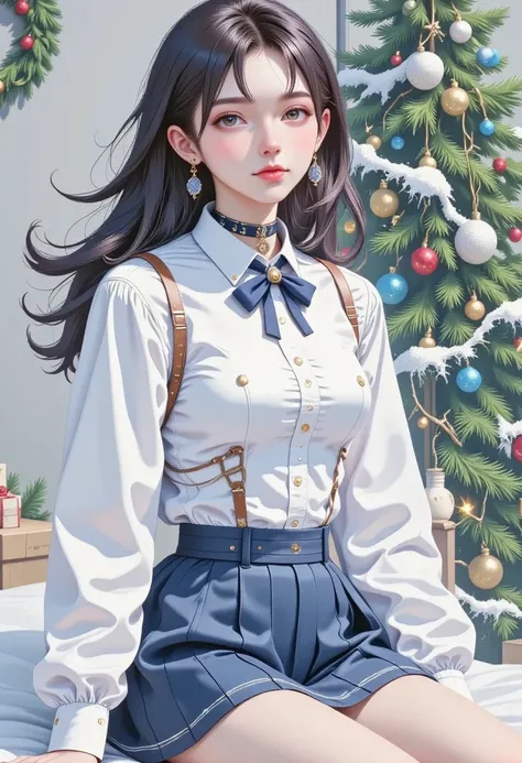 there is a woman sitting on a bed with a christmas tree in the background, a hyperrealistic schoolgirl, hyperrealistic schoolgirl, realistic schoolgirl, cute schoolgirl, school girl, photorealistic!!!!!!! art style, fully clothed. painting of sexy, girl we...