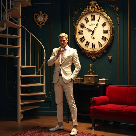 In the quaint starry parisian night, a sleek white male detective with blond preppy undercut, wearing a neat white collar suit, white suede belgian loafers, white sheer socks, gold antique signet ring, standing admiringly before a large pendulum clock ador...