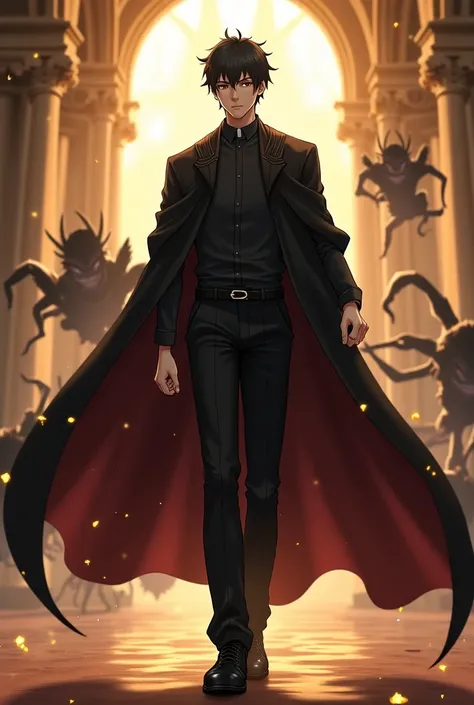 High quality, historic, epic, dynamic perspective, church, slim muscular, asian anime male character, black hair, brown eyes, realistic anime, black clergy shirt, black cloak, black pants, shiny black shoes, action pose, demons and creatures in the back gr...