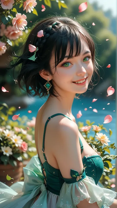 One beautiful and delicate portrait of a playful cute girl with short boyish hair, black hair, emerald green sea, mischievous smile, dancing petals, (top quality, masterpiece, ultra-realistic) and petals floating in the background