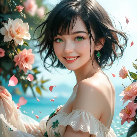 One beautiful and delicate portrait of a playful cute girl with short boyish hair, black hair, emerald green sea, mischievous smile, dancing petals, (top quality, masterpiece, ultra-realistic) and petals floating in the background