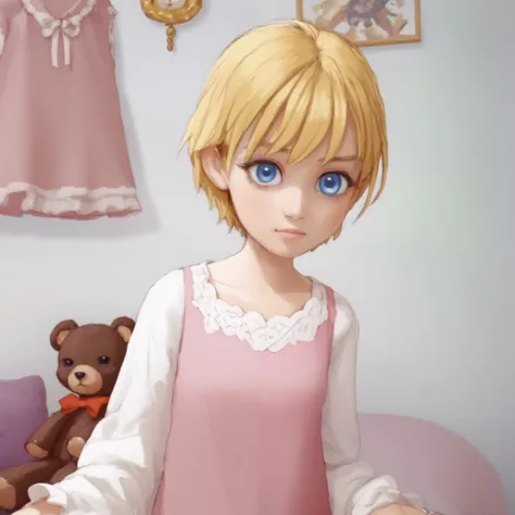 a very young ,cute cheeks Long dress in pink pajamas   、  Full image of a girl holding a teddy bear  ,   blue eyes、 Light pink room in the background  、 short hair, mystery,bow hair,  whole body,bed in the background 、 Blue eyes and  short hair ,quarto fem...