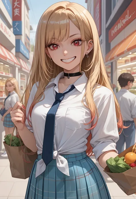 masterpiece, best quality, highres, kitagawa marin,
1girl, blonde hair, long hair, multicolored hair, red
eyes, jewelry, earrings, piercing, school uniform, white
shirt, tied shirt, black choker, blue necktie, plaid skirt,
grin, smile,sunlight
marketplace,...