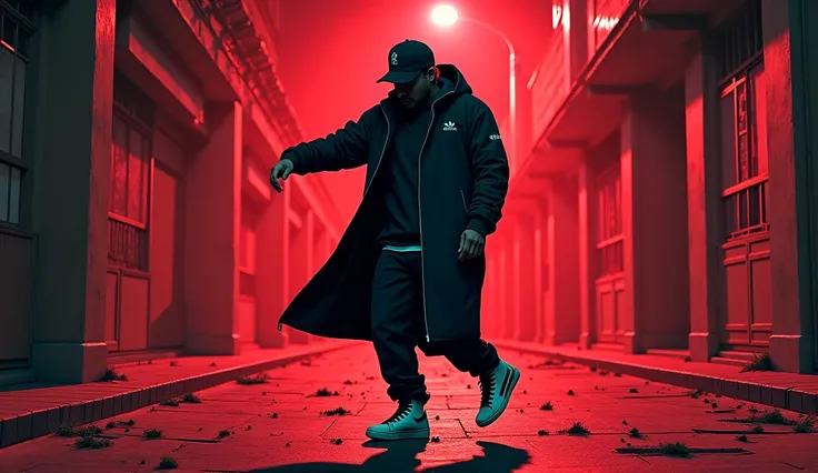 Illustration in red and black ink of a Bogota rapper man, black sweatshirt with baseball cap, big coat, high top Adidas sneaker, dancing hip hop on a dingy night street. Super resolution, super quality, volumetric lights, three-dimensional shadows.
