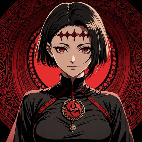 itadori kaori, anime jujutsu kaisen,  black hair,  Chanel short hair and black ,  brown eyes,  medium tits,  detailed and beautiful eyes , elegant expression,  dark environment, obscure religious center ,  vibrant colors red and black ,  intricate details,...