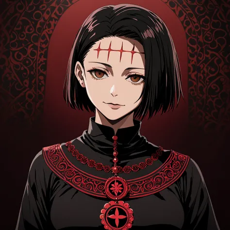 itadori kaori, anime jujutsu kaisen,  black hair,  Chanel short hair and black ,  brown eyes,  medium tits,  detailed and beautiful eyes , elegant expression,  dark environment, obscure religious center ,  vibrant colors red and black ,  intricate details,...