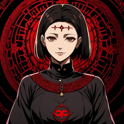 itadori kaori, anime jujutsu kaisen,  black hair,  Chanel short hair and black ,  brown eyes,  medium tits,  detailed and beautiful eyes , elegant expression,  dark environment, obscure religious center ,  vibrant colors red and black ,  intricate details,...