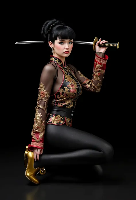 Smoky makeup:2，Black eyeshadow:2，Black lips:2,anatomical correct:2,solo,1sword xuer ai yazawa style girl,1 Girl,Solitary,Black Hair,Hair Bun,Chinese clothes,Keep,Keep weapon,twice as good,Bangs,blunt Bangs,One knee,looking at the audience,Jewelry,earrings,...