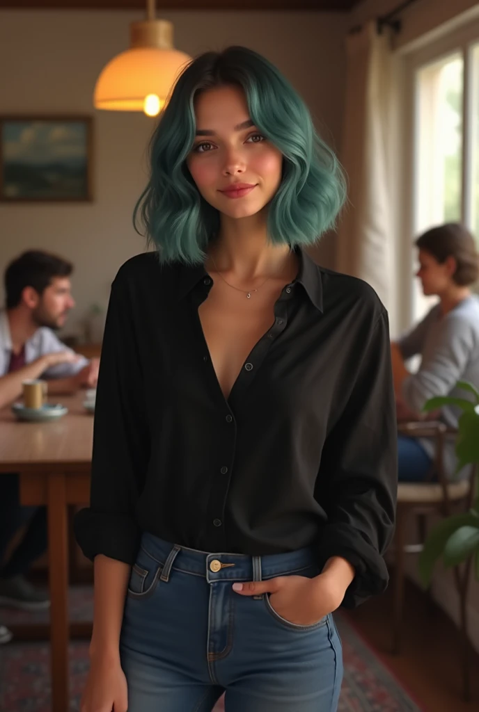 A photorealistic portrait of an 23-year-old girl with captivating beauty, her hair styled in a chic bob and dyed a mesmerizing , dressed in a simple black shirt and jeans that highlight her natural beauty. Big tits. The background should depict a relaxed  ...