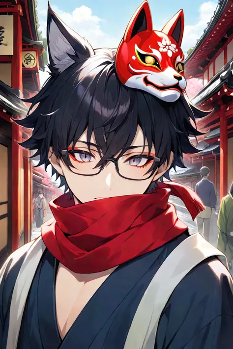 male,1 person, is cool, kimono,深緑色の kimono,Fox Mask,The mask is placed diagonally on the head,Glasses,My eyes are narrowed, face me,Alone, Red Muffler ,The scarf is wrapped around the neck, Shrimp,Height: 178cm, clogs,Kyoto,Ancient Capital,Short Hair,frizz...