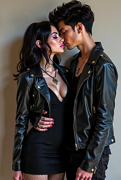 image.  Create a 23-year-old boy and girl .  She is called Eris and she has raven hair up to her shoulders and blue eyes slightly squinted.  He wears a black dress up to mid-thighs , fishnet socks ,  black heels and a leather jacket of the same color .  He...