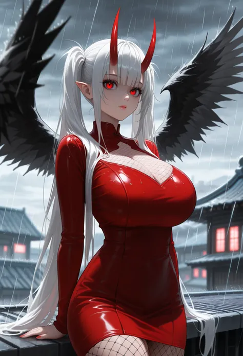 (masterpiece, best quality, higres, absurd quality, original, newest), cowboy shot, depth of field, BREAK, (1girl, perfect body, perfect anatomy), (white hair, bangs, side hair, silky hair, twintail), (red eyes, perfect eyes, sinister eyes), long ears, hug...