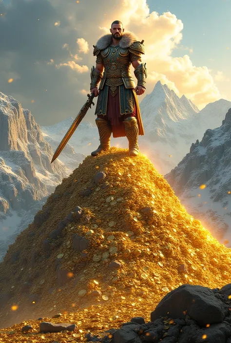 Epic viking standing on a mountain of gold