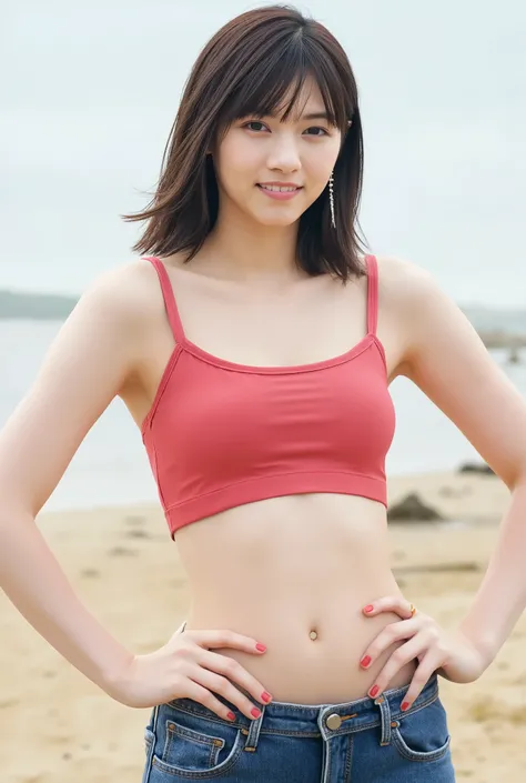 Top quality, 8K, masterpiece, super high resolution, beach background, (photorealistic: 1.4), original photo, 1 girl, dark brown hair, (bangs), medium long hair, 1 girl, ((full body)), (((wearing a sexy coral red micro bikini top and skinny jeans))), sandy...