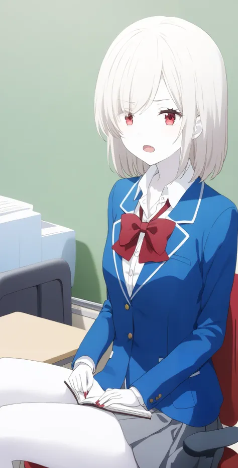  score_9,  score_8_ up the side,  score_7_ up the side,  source_Anime,  high definition , Anna,  1 girl, Alone,  school uniform,  red eyes,  jacket ,  shirt, bow, white  shirt, blue  jacket , collared  shirt,  blazer, red bow,  medium hair , bowtie, bangs,...