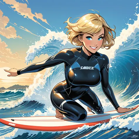 Quality: ((best quality illustration)), (masterpiece), ((detailed)).
Style: Bruce_Timm style, comic art, fun, fantastic, fantasy, epic, powerful.
1girl, solo, standing on surfboard, (squatting:0.8) balancing, (dynamic posing), (stylish wetsuit) surfer, (ma...