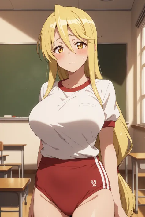 masterpiece,best quality,{{detailed beautiful face and eyes}}, very detailed background,
Shizuka Marikawa,{{{megami magazine}}},long hair,blonde hair,low-tied long hair,hair between eyes,yellow eyes,large breasts,
gym uniform,red buruma, white shirt, short...