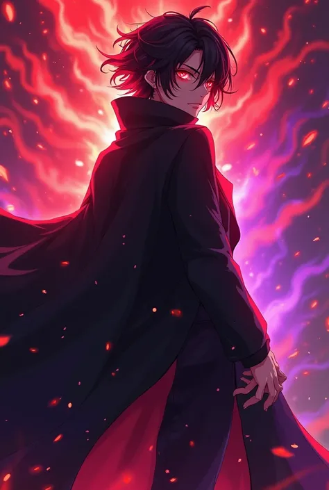 } The red aura surrounding the character emits intense and flaming energy like fire, and {x} The dark, slightly matted hair contains red highlights, giving it an intense yet stylish look.  It has a presence that overwhelms the surroundings with sharp and i...