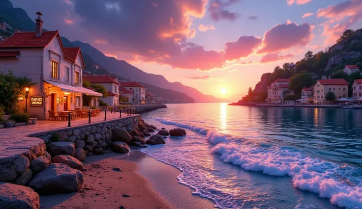 Prompt: "The beautiful coastal town called Port Senja at sunset, featuring charming beachside cafes, gentle waves crashing on the shore, and a bright sunset sky filled with orange, pink, and purple. The scene reflects the essence a small town with a rich m...