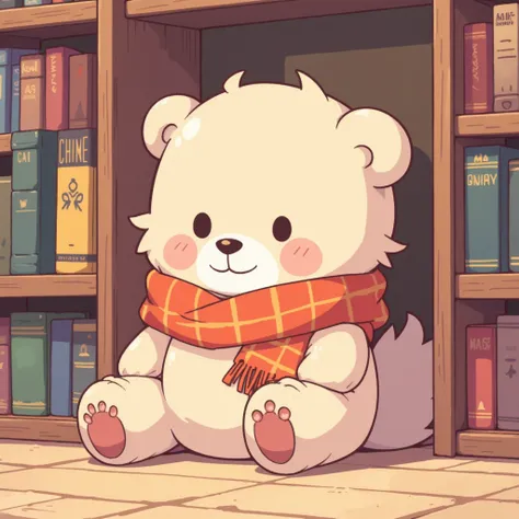 1 fluffy little bear plush toy、 stuffed animals are wrapped with scarves、The stuffed animal is sitting on a shelf、 room with bookcase、2D illustration、illustration、Anime Design、 A clear line、Clear lines 、Thick Line、 simple illustration without gradation。