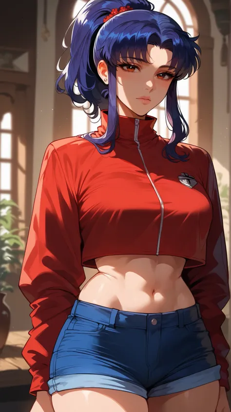 Misato Katsuragi style,  perfect eyes,  perfectly sexy face , ultra detailed,  ultra perfect eyes,  tied hair,  big beautiful woman , standing, dark blue shorts, Body,  looking at the viewer,